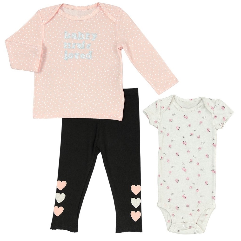 Carters Baby Girls 3pc Outfit Tops & Leggings Set Size 6 Months Pink-White-Black